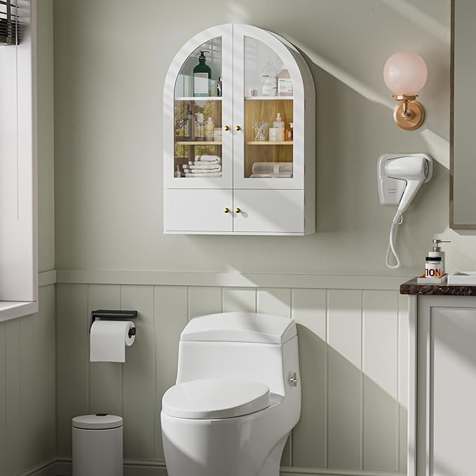 BREEZEHEAT Arched Medicine Cabinet with Extra Storage, Glass Doors & Adjustable Shelf -Wall Mounted Over Toilet Cabinet for Bathroom, Kitchen, Laundry Room, Smooth Glossy White, 23.6x33.5 Inch