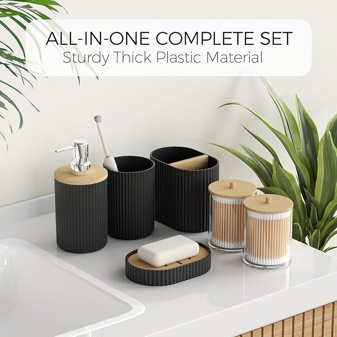 Bathroom Accessories Set - Unbreakable Black Bathroom Set, Trash Can, Toilet Brush with Holder, Soap Dispenser, Toothbrush and Toothpaste Holder, Tumbler Cup, Soap Dish, Qtip Holder, Bamboo Decor