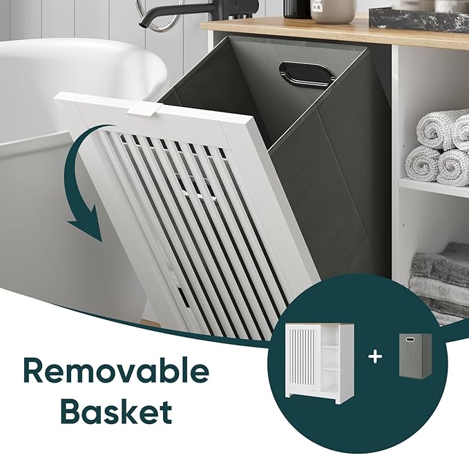 Laundry Hamper Cabinet with Tilt-Out Door - 2-in-1 Moisture-Resistant Storage with Removable Basket & 3 Open Shelves, Freestanding Organizer for Laundry Room, Bathroom