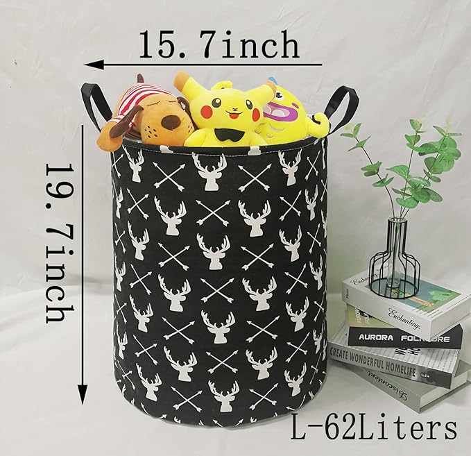 KUNRO Round Laundry Gift Basket Storage Hamper, Clothes Storage Organizer Bins, Shelf Basket with Handles for Room Decor (Deer)