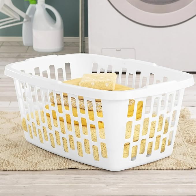 6 Pack 1.5 Bushel Rectangular Plastic Laundry Basket & Hamper - Ventilated Sides, Stackable & Portable with Comfort Grip Handles, Reinforced Rim for Laundry Room, Bedroom, Bathroom & Dorm, White