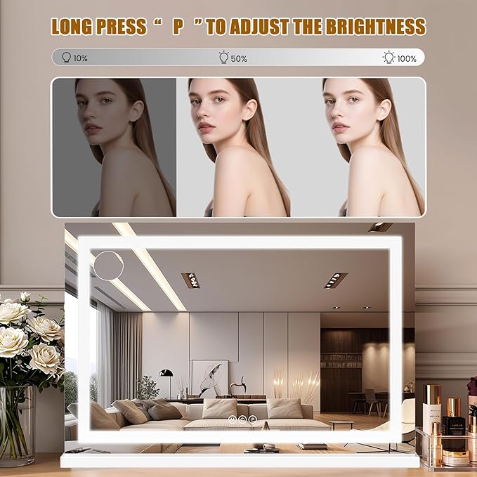 Vanity Mirror with Lights 32"x20", LED Makeup Mirror, 3 Color Lighting Modes, 10X Magnification, Smart Touch Control, Dimmable, Aluminum Metal Frame, Lighted Up for Vanity Desk (White)
