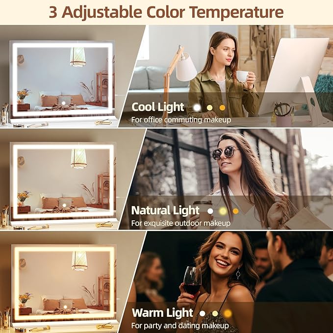 Memobarco Vanity Mirror with Lights, 24" x 32" Makeup Mirror with 3 Color Modes 5X Magnification & USB/Type-C Charging Port, Large LED Mirror for Bedroom Tabletop & Wall Mounted