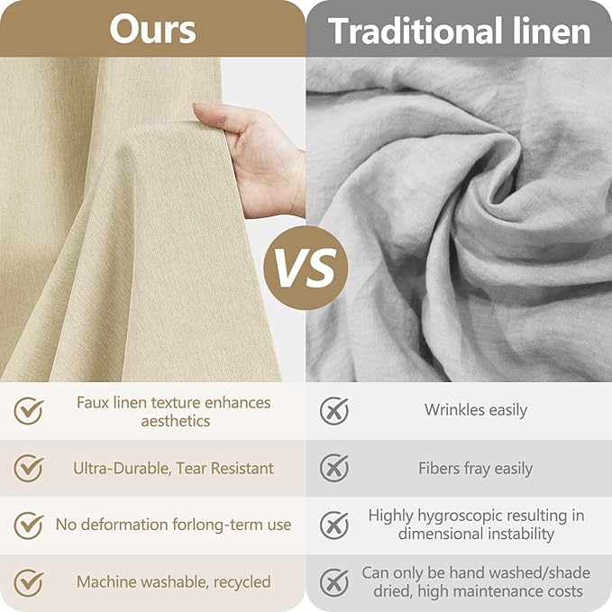 Natural Linen Look Farmhouse Shower Curtain Beige, Heavy Duty Faux Linen Fabric Shower Curtain Water Resistant, 72 x 72 inch Hotel Quality Washable Cream Shower Curtains for Bathroom