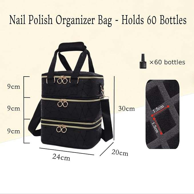 3 Layers Nail Polish Organizer Bag - Holds 60 Bottles,Portable Travel Case with Shoulder Strap,Nail Tech Kit Storage,Versatile Cosmetics Case,Detachable,Waterproof,Gifts for Women