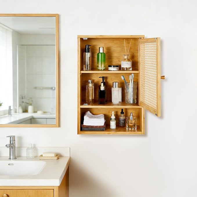 Bathroom Wall Cabinet, Bamboo Medicine Cabinet with Rattan Doors, Adjustable Shelf, Wall Mounted Storage Cabinet for Bathroom, Kitchen, Laundry Room Natural