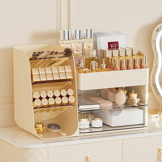 Makeup Organizer for Vanity, Countertop Cosmetic Display Case with Clear Acrylic Drawers, Bathroom Counter Beauty Caddy, Cute Table Storage Holder for Skincare, Brush Lipsticks, Crystal Creem