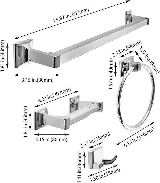 SENTO Cellar Classic Bathroom Accessories Set, Heavy Duty Metal Bath Hardware Set Wall Mounted, Includes Robe Hook, Standard Toilet Paper Holder, Towel Ring, 24” Towel Bar (4-Piece, Polished Chrome)