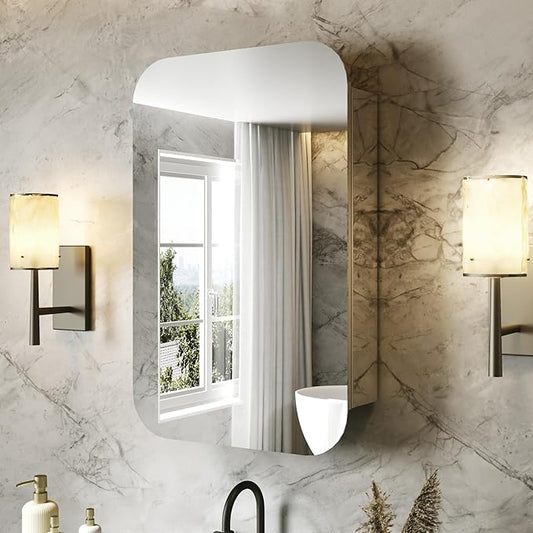 20x31 Bathroom Medicine Cabinet with Mirror,Aluminum Alloy Frame with Mirror Side Panels,Surface or Recessed Medicine Cabinet with Adjustable Shelves,Assembly Required,Rounded Corner