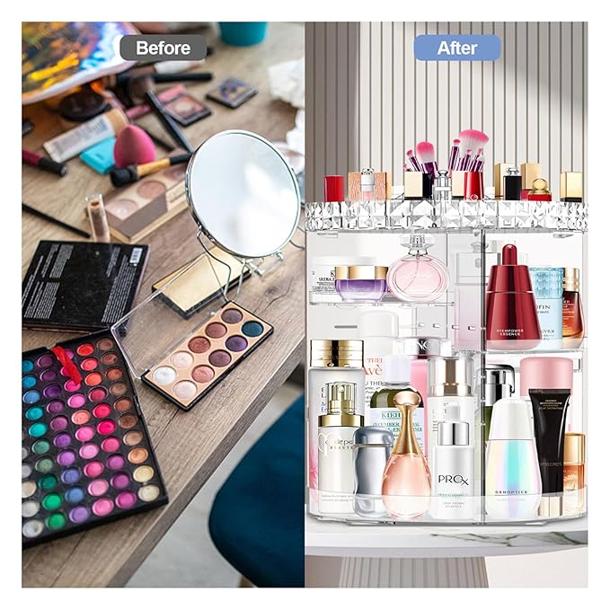 MISERWE 360 Rotating Makeup Organizer, DIY Adjustable Makeup Carousel Spinning Holder Rack, Large Capacity Cosmetic Brush Lipstick Storage Organizer Box for Vanity