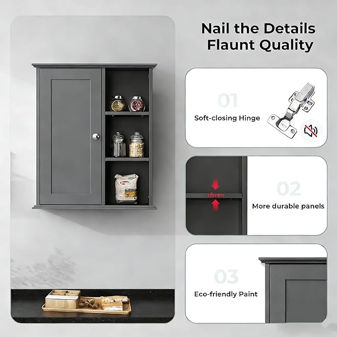 The Wide Usage Wall Medicine Cabinet with Storage Shelves & Anti-Dust Door for Bathroom, Living Room, Kitchen, Entryway,Bedroom (Gray)