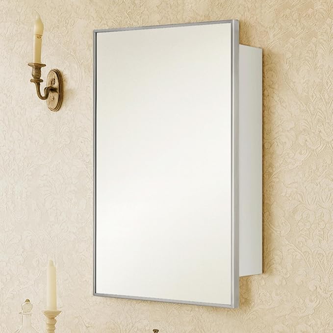 TEHOME 16.5'' x 24'' Brushed Nickel Recessed and Surface Mount Bathroom Medicine Cabinet with Mirror Square Cornered Metal Framed Rounded Rectangle Medicine Cabinet Mirror