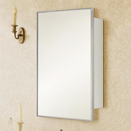 TEHOME 16.5'' x 24'' Brushed Nickel Recessed and Surface Mount Bathroom Medicine Cabinet with Mirror Square Cornered Metal Framed Rounded Rectangle Medicine Cabinet Mirror