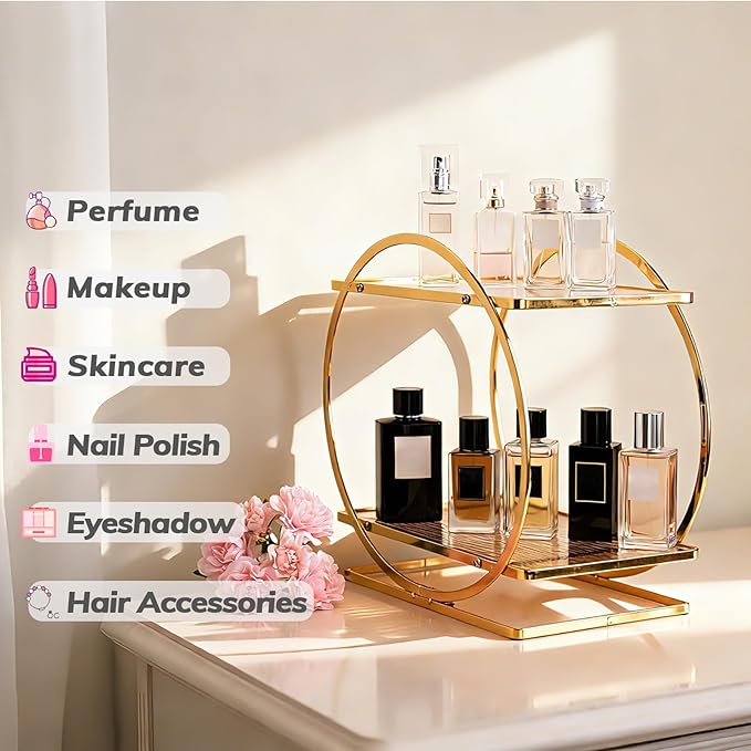 BO2703 2 Tier Bathroom Organizer, Perfume Organizer for Dresser, Gold