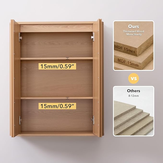 VANIRROR Wall Mounted Bathroom Cabinet, Premium Medicine Cabinet with Safe Rounded Edges, 2-Door Wood Storage Organizer with Adjustable Shelves for Laundry, Kitchen