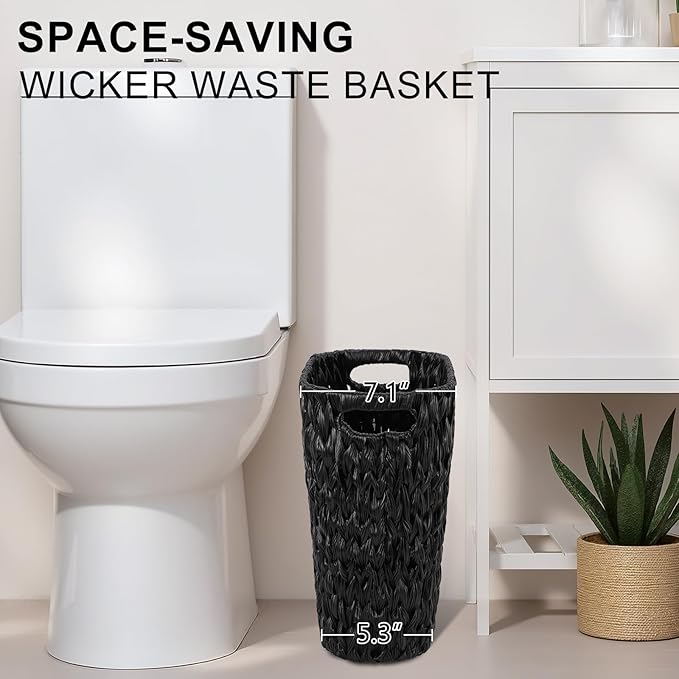 XLHOMO Black Bathroom Accessories Set with Wicker Trash Can Shower Curtain and Rugs,Bathroom Sets Small Waste Basket Bathroom Trash Can for Bedroom Bathroom