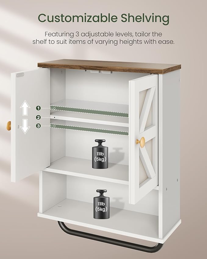 CHOEZON Bathroom Wall Cabinet, Medicine Cabinet with Open Partition and Towel Bar, Rustic Storage Cabinet with Open and Hidden Storage Space, for Bathroom, Living Room, Kitchen, White and Walnut
