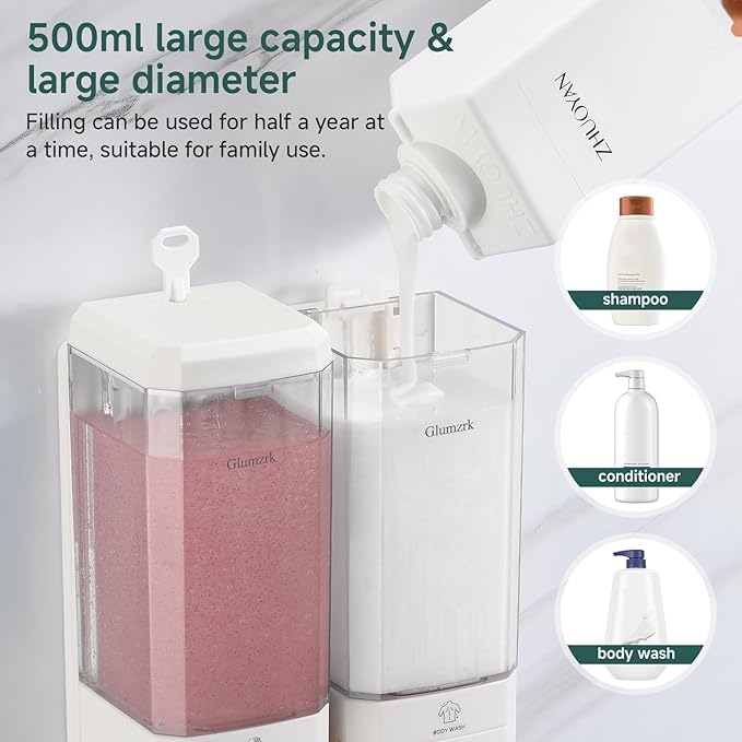 Shampoo and Conditioner Dispenser 2 Chamber No Drill Shampoo Dispenser for Shower Wall Mounted Shower Soap Dispenser 2 * 500ml Refillable Shower Dispenser for Bathroom Hotel,White