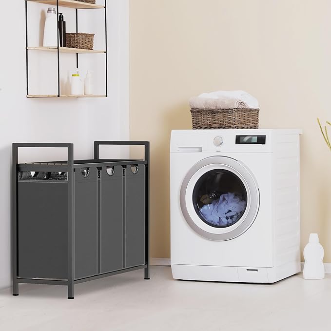 Sonharlar Laundry Hamper, Laundry Sorter with 3 Pull-Out Removable Oxford Fabric Bags Cloth Laundry Basket 3 x 10 Gallons (Grey and Charcoal Black)
