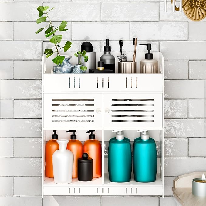 Bathroom Storage Shelf, Wall-Mounted No-Drill Organizer with Multiple Tiers, No-Drill Bathroom Storage Rack Large Capacity Cosmetic Holder Wall-Mounted Toilet Shelf for Bathroom Toilet White