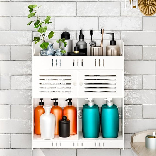 Bathroom Storage Shelf, Wall-Mounted No-Drill Organizer with Multiple Tiers, No-Drill Bathroom Storage Rack Large Capacity Cosmetic Holder Wall-Mounted Toilet Shelf for Bathroom Toilet White