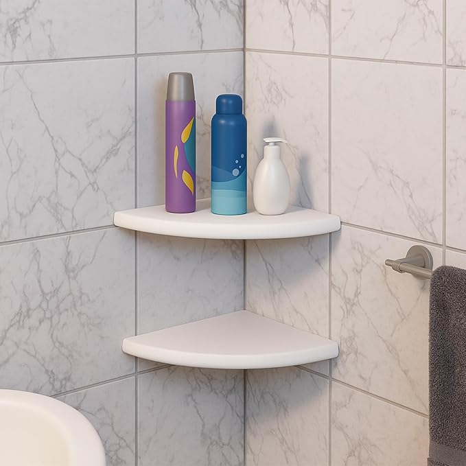 Chunful 2 Pcs White Marble Corner Shower Shelf for Bathroom 9 x 9 Inch Wall Mounted Both Sides Polished Marble Corner Shelves Shower Caddy for Bathroom Wall(Classic)