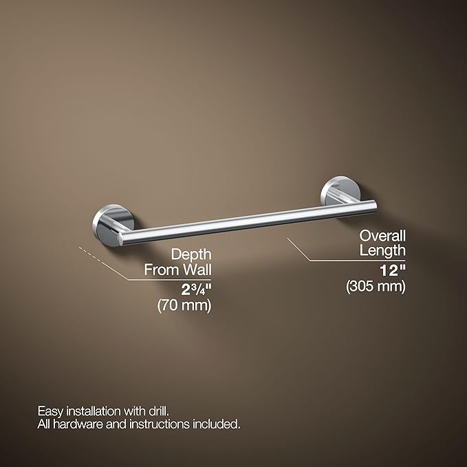 KOHLER K-27288-CP Elate® 12" Towel Bar, Minimalist Design, Premium Durable Metal, Corrosion Resistant, Polished Chrome
