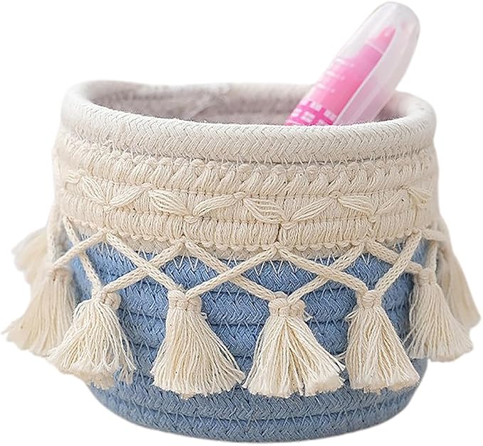 MSUIINT Macrame Makeup Brush Holder Organizer, Brushes Mini Storage Basket, Hand Woven Cotton Rope Basket, Boho Decor Baskets for Comb Cosmetics Pen Pencil Container (C)