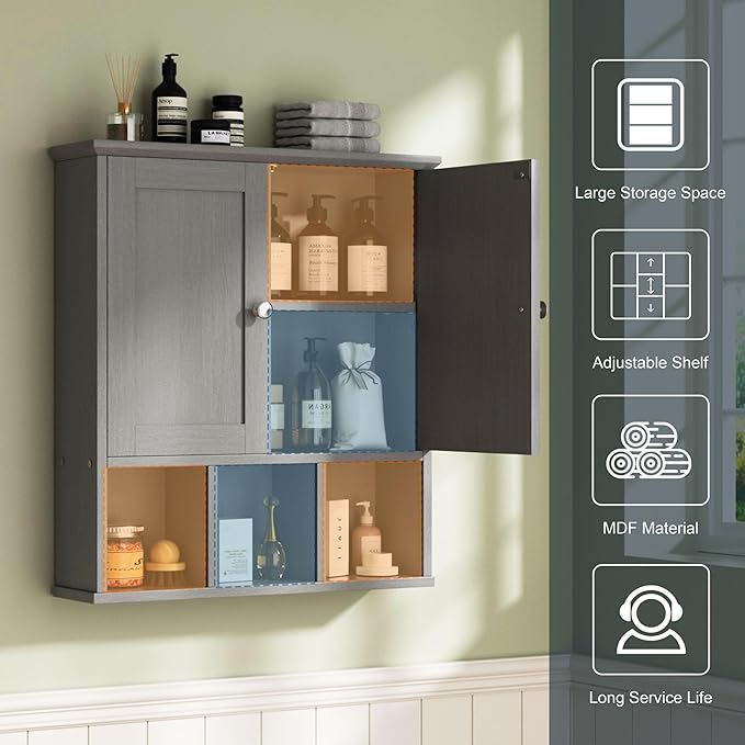 DL-win Bathroom Wall Cabinet, Bathroom Cabinet Wall Mount Organizer Shelf for Toiletries, Towels & Essentials – Waterproof MDF, Space-Saving Bathroom Storage, Grey