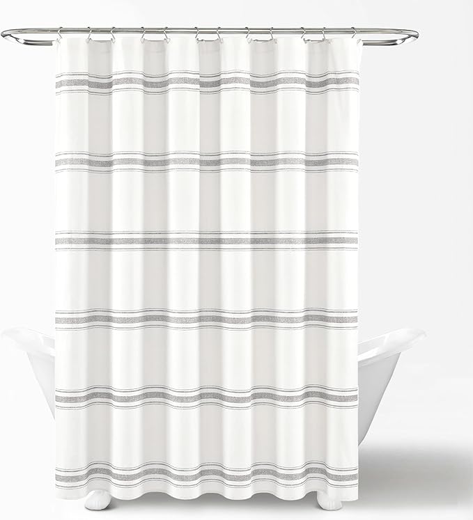 Lush Decor Farmhouse Stripe Cotton Shower Curtain, 72" W x 72" L, Gray - Striped Bathroom Curtain - Fabric Shower Curtains - Farmhouse Bathroom Decor