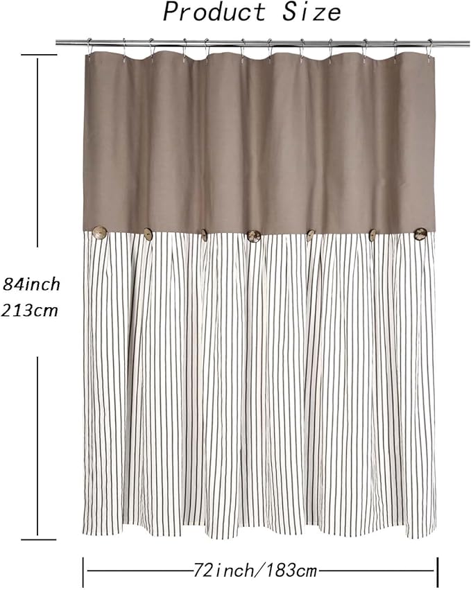 Farmhouse Taupe Shower Curtain,Taupe and Brown Stripe,Button Curtain,Cotton Blend and Cotton Woven Fabric,Rustic Charm Country Chic Style,72x84 in