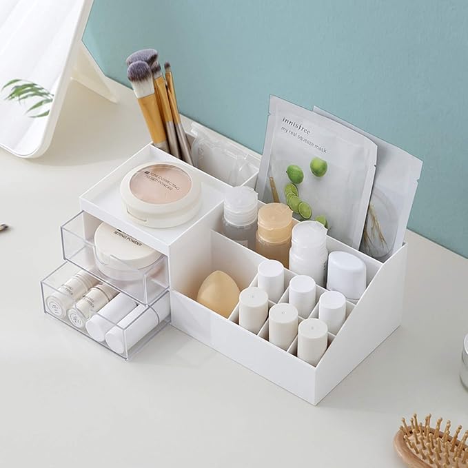 Cosmetic Storage Box, Makeup Organizer Cabinet/Drawer Type Vanity Organizer/Dormitory Desktop Sundries Storage Shelf (White)