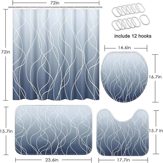 Blue Ombre Shower Curtain Set with Toilet Lid Cover and Non-Slip Rugs, White Striped Wavy Lines 4 Pcs Shower Curtain for Bathroom, Modern Simple Abstract Bathroom Decor