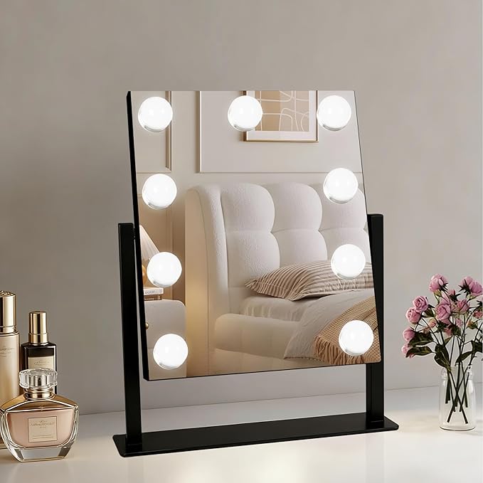 Moonee Black Vanity Mirror with Lights, Hollywood Lighted Makeup Mirror with 9 Dimmable Bulbs and 10X Magnification 360°Rotation, 3 Colors Modes, Light Up Mirror for Tabletop（12" x 14"）