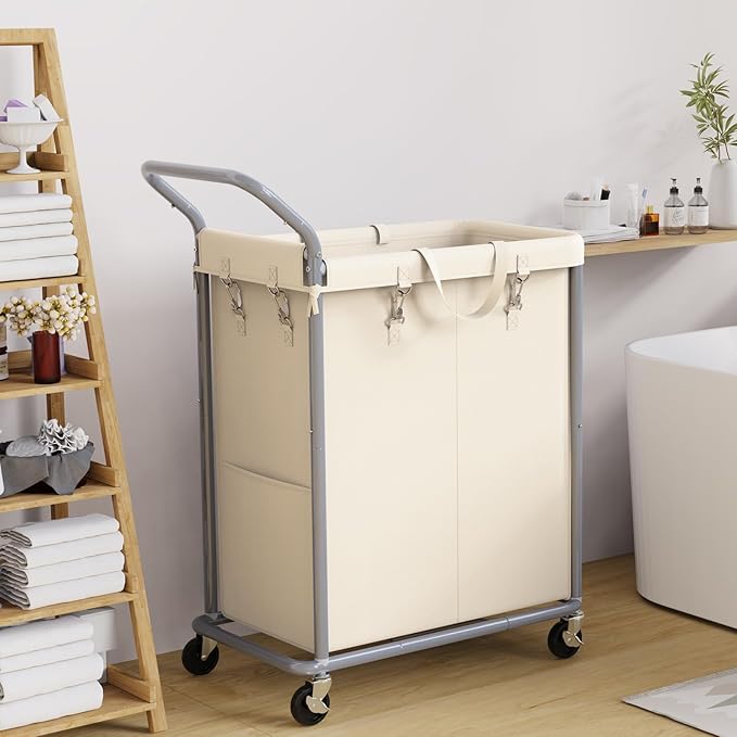 Laundry Hamper 2 Section, Rolling Laundry Basket with Wheels, Laundry Cart with Removable Liner, 37 Gallons (140L) Clothes Hamper, Blanket Dirty Clothes Basket Steel Frame with Handle(Beige)