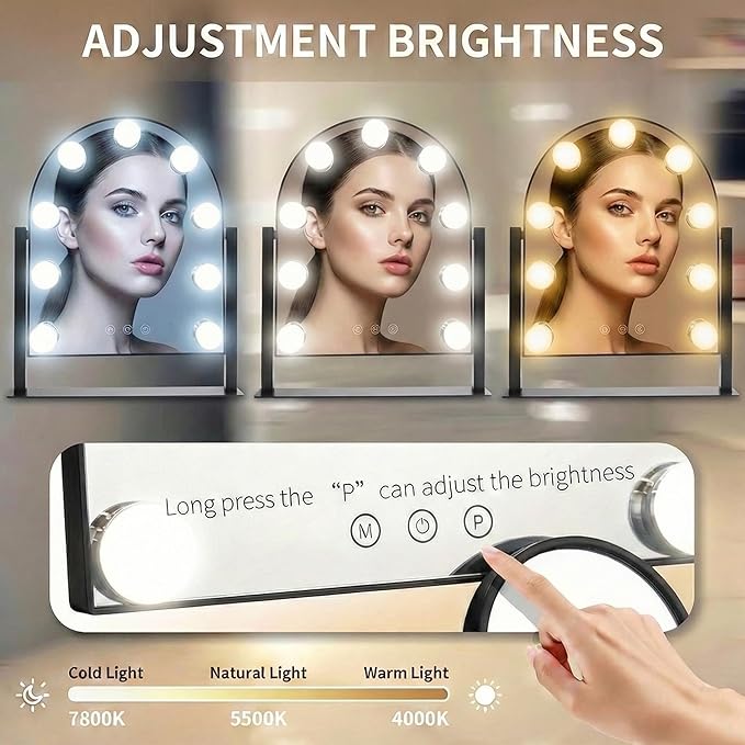 Arched Makeup Vanity Mirror with Lights LED Makeup Mirror Detachable 10X Magnification, Hollywood Make Up Mirror with Lighting, Smart Touch, Rechargeable,360° Rotation,Black 14.17"x 11.81"