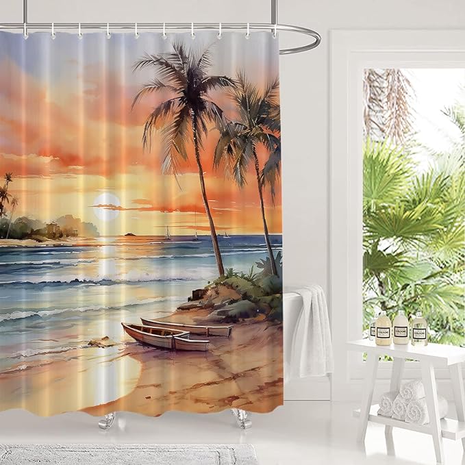 Shrahala Summer Sunset Beach Decorative Shower Curtain, Tropical Seaside Scene Bathroom Décor Polyester Fiber Waterproof with Plastic Rings for Shower Stall Bathtubs 72 X 60 in