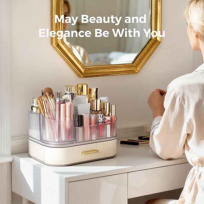 Delamu Makeup Organizer for Vanity with Stackable Drawers, 360 Rotating Makeup Brush Holder Large Cosmetic Display Case, Bathroom Skincare Storage, Elegant White, Ideal Gifts for Girls