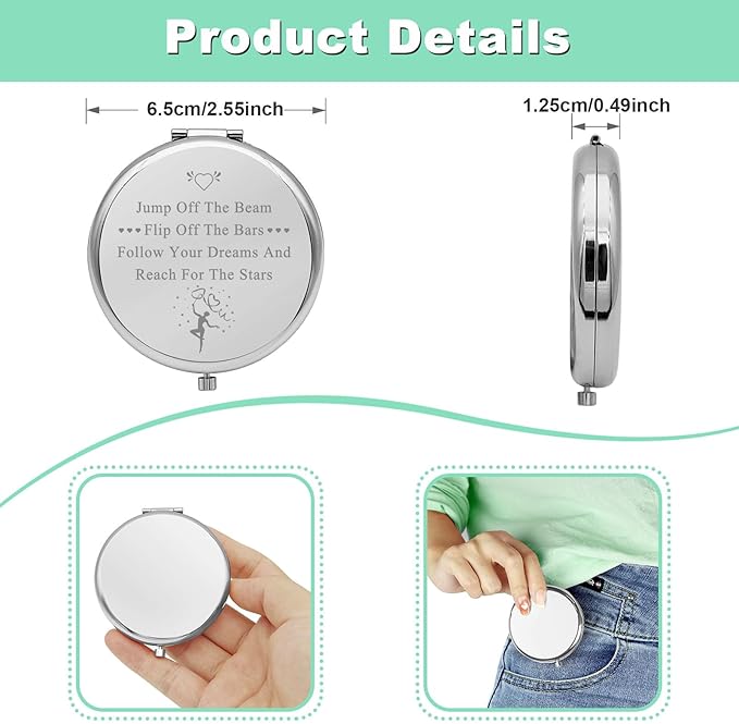 Gymnastics Gifts for Girls Travel Makeup Mirror Inspirational Gifts Gymnasts Inspirational Gift Gymnastic Coach Gift for Women Compact Makeup Mirror Birthday for Her (Silver)