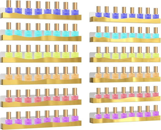 12 Pack Gold Mirror Nail Polish Racks 15 Inch Acrylic Wall Mount Shelves with Stopper for Nail Polish Organizer, Picture Frames, Books, Home Dec
