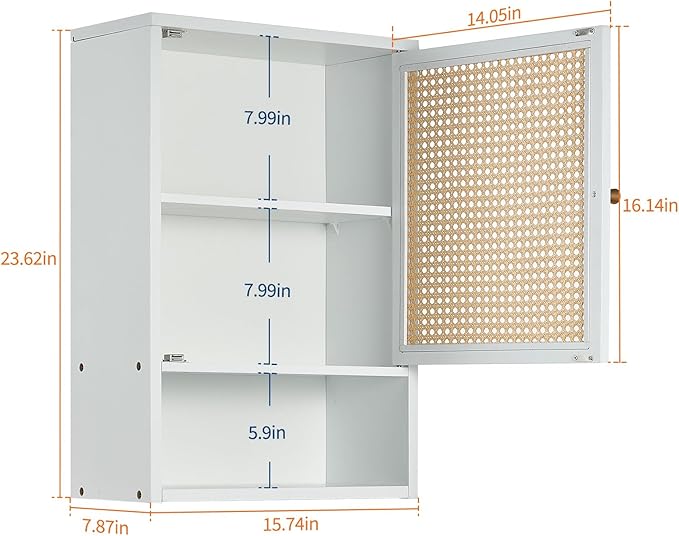 Bathroom Wall Cabinet, Bamboo Medicine Cabinet with Rattan Doors, Adjustable Shelf, Wall Mounted Storage Cabinet for Bathroom, Kitchen, Laundry Room White