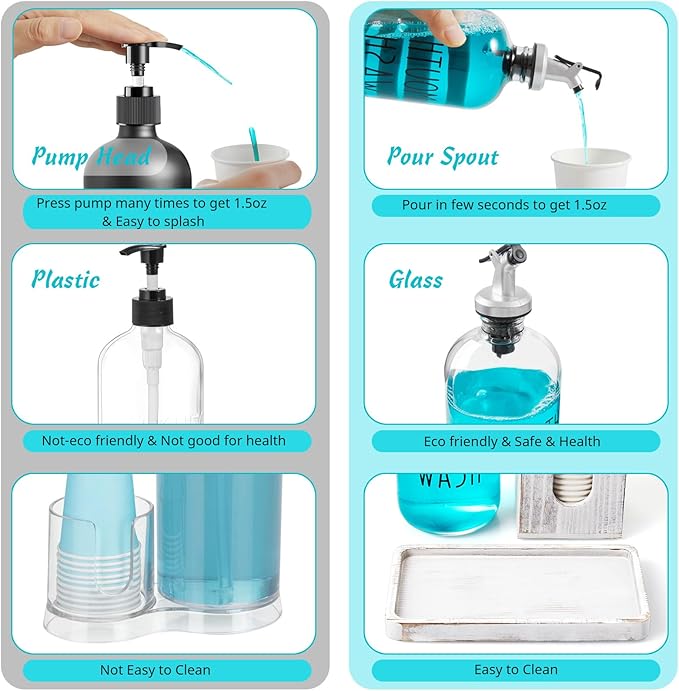 Glass Mouthwash Dispenser for Bathroom, 16 OZ Mouthwash Dispenser with Pour Spout and White Washed Wood Cup Holder and Tray, Mouth Wash Bottle Container, Rustic Kitchen Bathroom Decor and Accessories