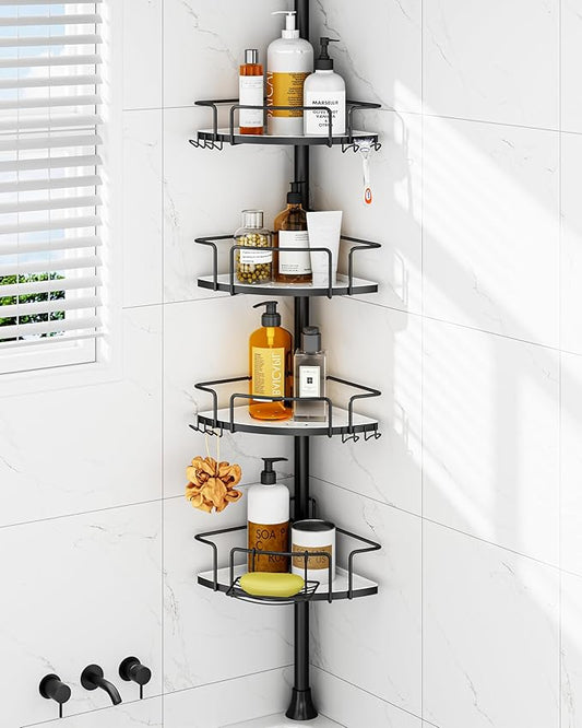 ALLZONE Corner Shower Caddy Tension Pole, 4 Hang-On Basket with Mixed-Height Shelves for Various Bottle Sizes, Extra Hooks & Soap Holder, Rustproof Stainless Steel, Fits 34–116 Inch, Black/White