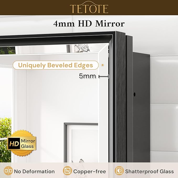 TETOTE 20" x 26" Recessed Medicine Cabinets Black Bathroom Storage with Mirror Beveled Edge Aluminum Frame Adjustable Shelves Wall-Mounted