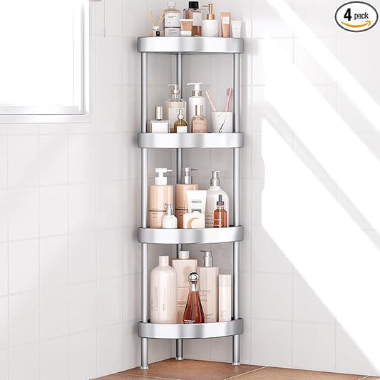 Nieifi Corner Shower Caddy Stand-4 Tier Rustproof Anodized Aluminum Standing Shower Organizer-Shower Caddy Corner-Dual Stability to Anti-Shaking-Height-Adjustable Legs for Uneven Surfaces-Silver