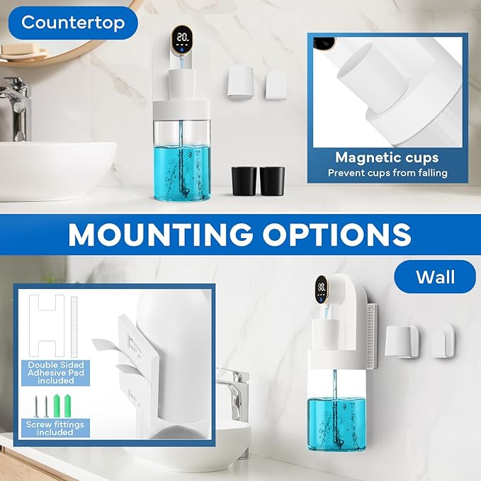 Automatic Mouthwash Dispenser for Bathroom, 21.12 oz Touchless Smart Mouth Wash Dispensers Bathroom Accessories Set with 4 Magnetic Cups, 4 Modes Wall Mounted Mouth Wash Dispenser for Home & Kids