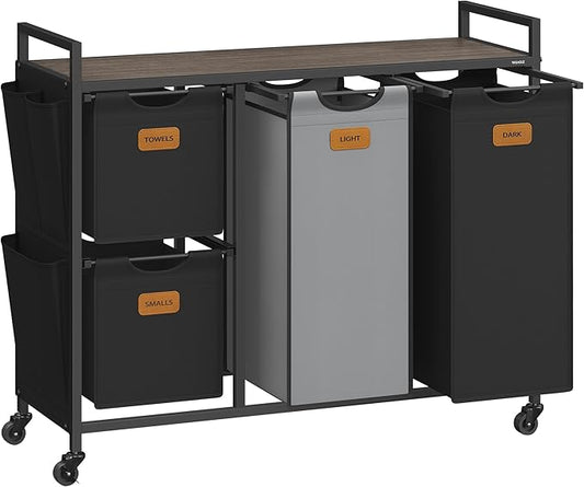 VASAGLE Laundry Hamper with 4 Compartments, 39.6 Gal. (150 L) Laundry Sorter, Rolling Laundry Cart with Shelves, Small Side Pockets, 6 Labels, Chestnut Brown, Ink Black and Dove Gray UBLH203B01