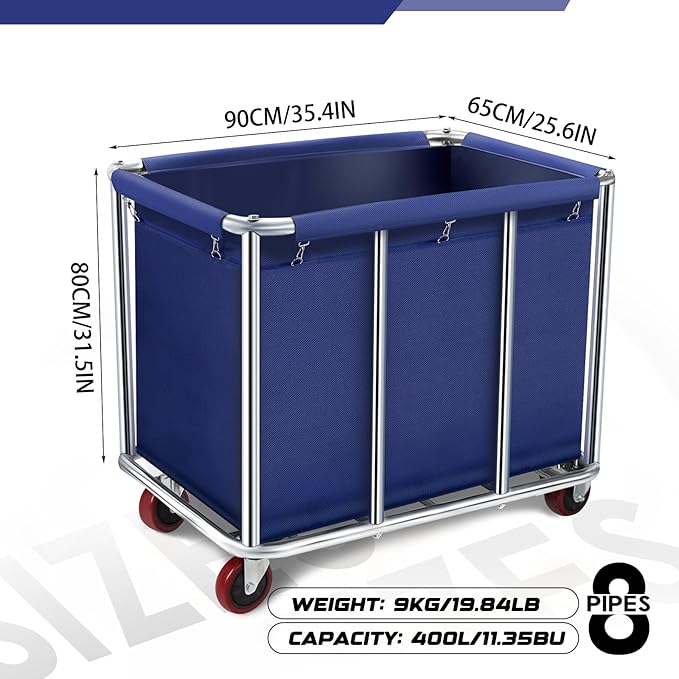 Commercial Laundry Cart with Wheels, 400L Large Rolling Laundry Cart with Steel Frame and Oxford Cloth, Heavy Duty Industrial Laundry Cart for Home,Hotel,Laundry Room, 441 lbs Load (Blue-8)