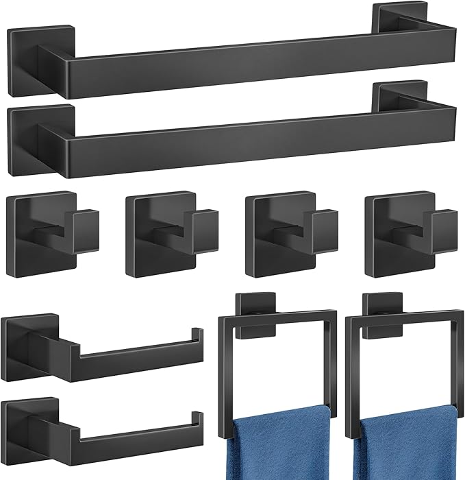 Bathroom Accessories Set 10-Piece Stainless Steel Modern Wall Mount Towel Racks for Bathroom 16In, Matte Black