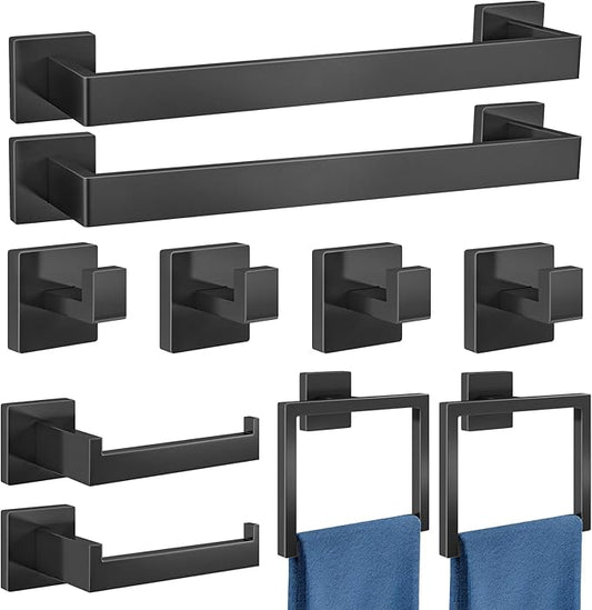 Bathroom Accessories Set 10-Piece Stainless Steel Modern Wall Mount Towel Racks for Bathroom 16In, Matte Black